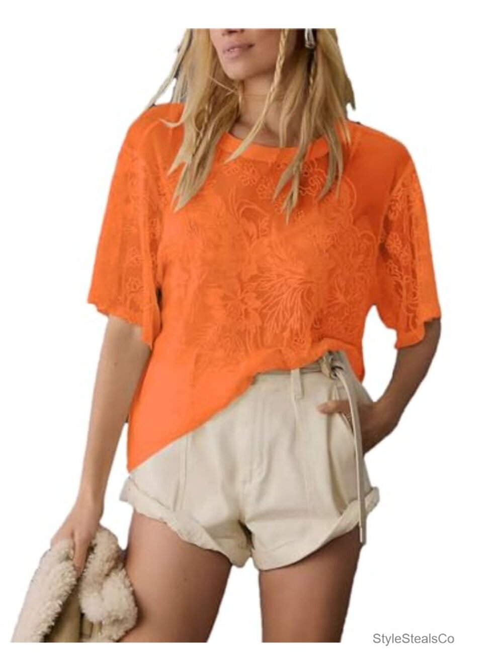 Women's Lace Tops Short Sleeve Floral Sheer Mesh Blouse Loose Fit
